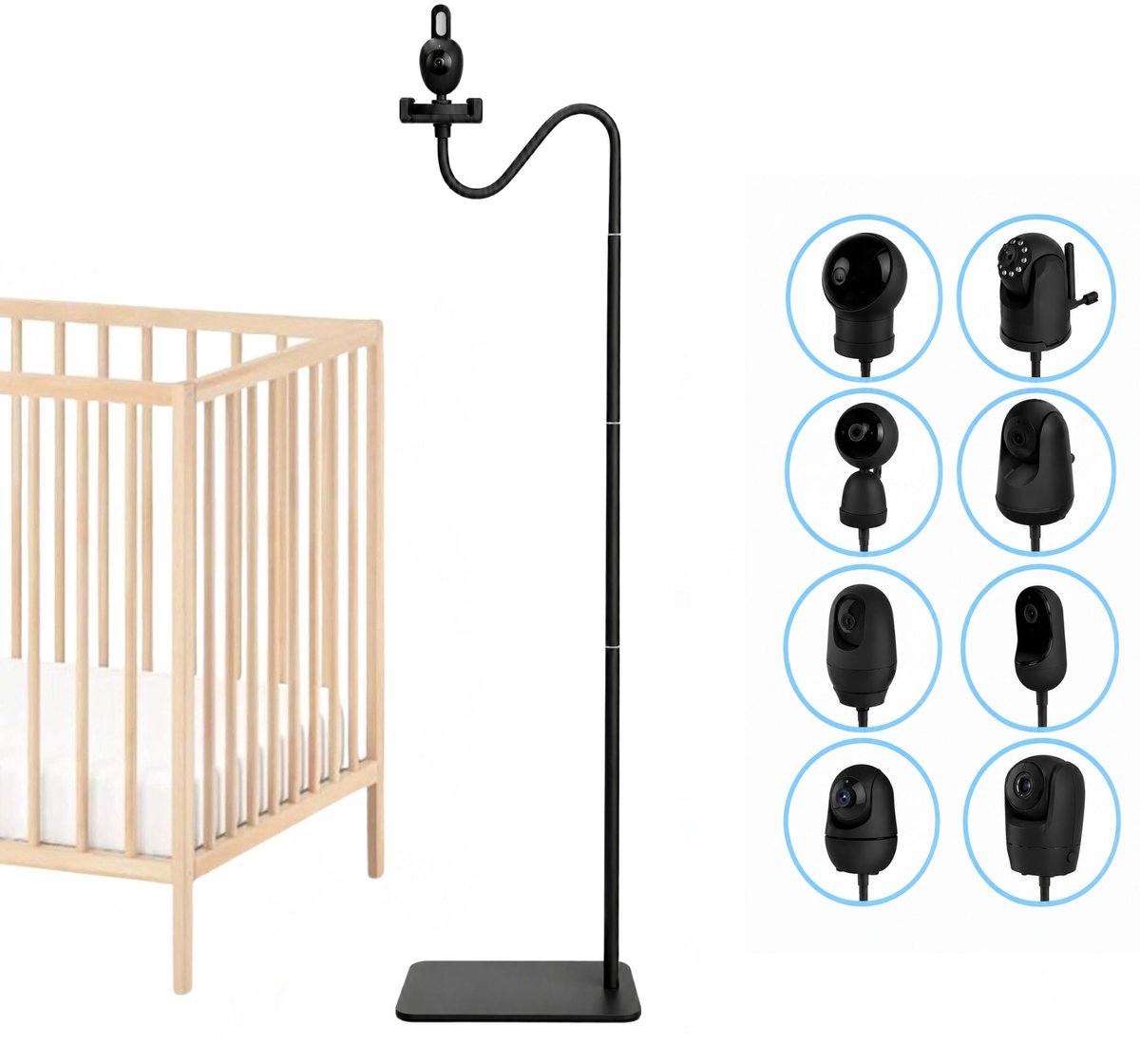 ADEL Babyfoonhouder met Voetstandaard - Babyfoon Houder - Universeel voor elk Merk - Extra Stevig voor Zorgeloos Zicht - Incl. NL Handleiding - Zwart