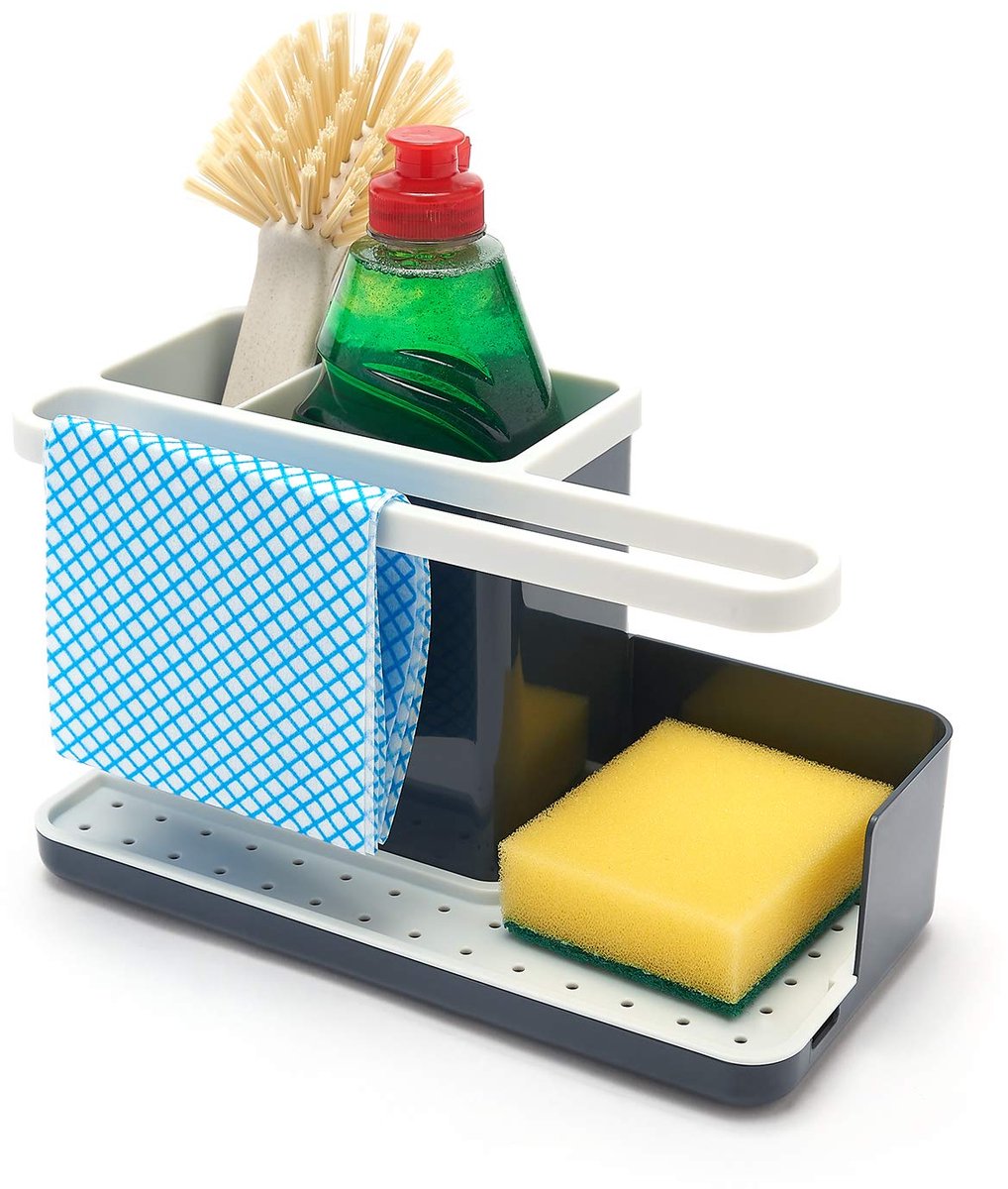SnelShoppen - Opbergbakje Gootsteen Caddy - Aanrechtorganizer met Verwijderbaar Lekbakje - Antislip - Donkergrijs en Wit voor Keuken en Badkamer