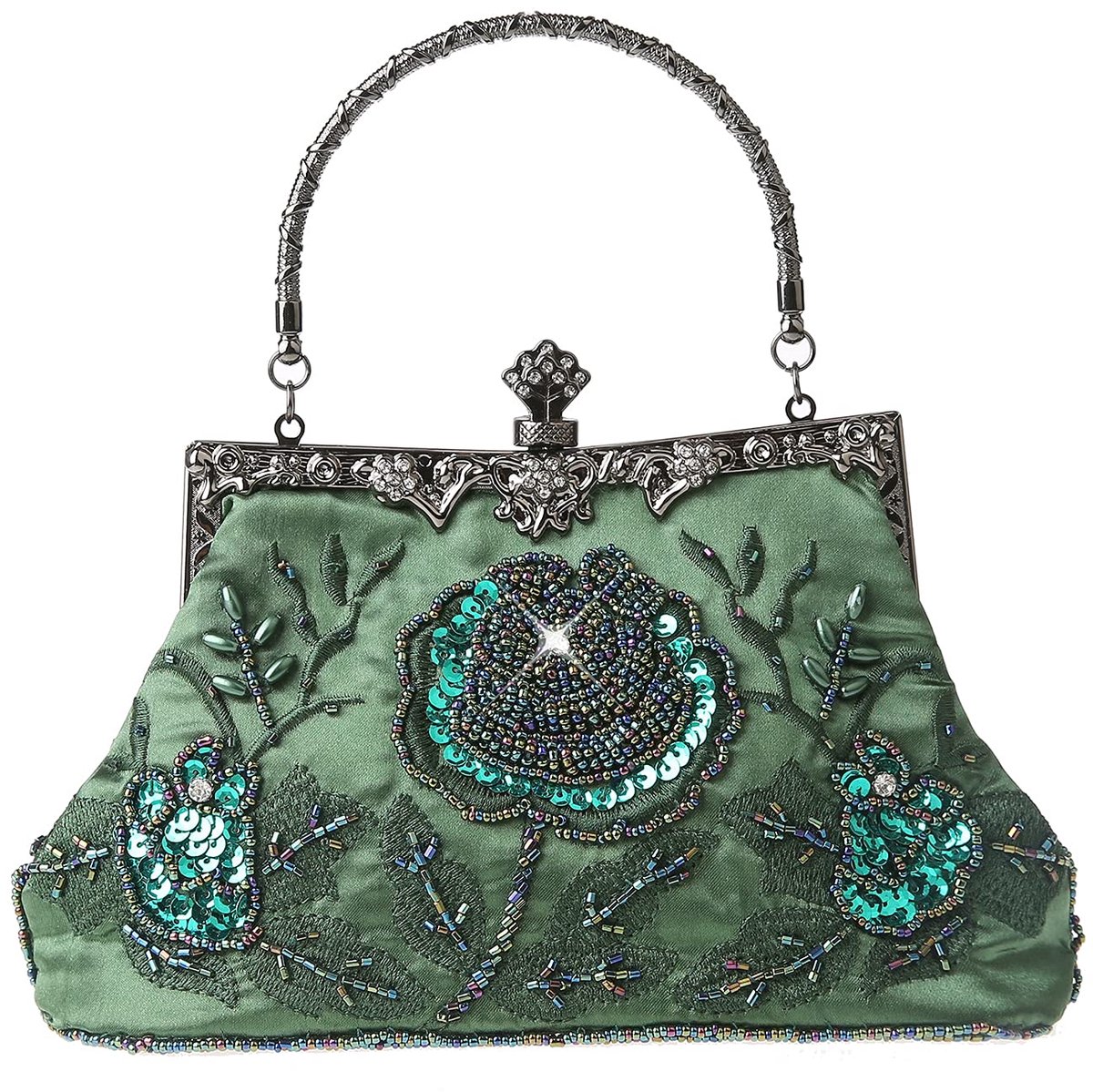 SnelShoppen - Vintage Bloemen Clutch Tas met Parels en Strass - Pailletten Bruiloft Party Avondhandtas - Groen 22cm x 21cm - Dames Crossbody Tas