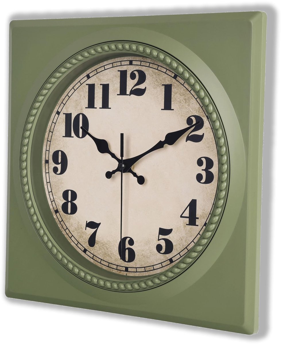 SnelShoppen - Vintage wandklok jaren '50 stijl - Retro mid century vierkante wandklok - Batterij aangedreven 12 inch olijfgroen - Ideaal voor keuken e