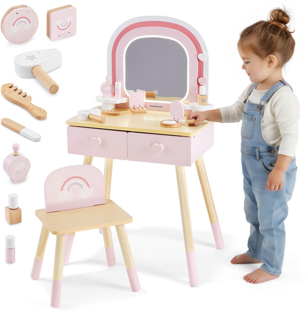 SnelShoppen - Houten Kaptafel Voor Kinderen Met LED-Spiegel, Verstelbaar Licht, Krukje En Accessoires – Educatief Creatief Meubel Voor Kinderkamer, Ro