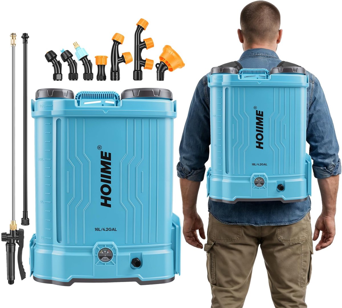 SnelShoppen - Druksproeier op batterij 16L, elektrische tuinsproeier met 7 sproeimonden en instelbare sproeibreedte voor tuin, planten en bloemen