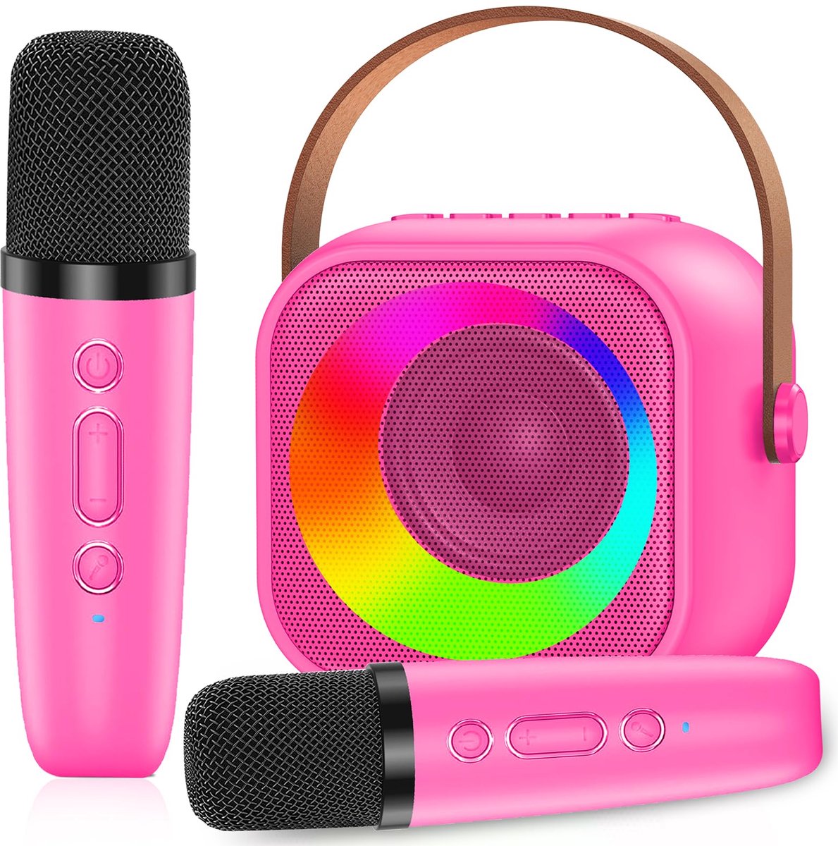 SnelShoppen - Karaoke-machine voor kinderen met 2 microfoons, mini-karaoke, draadloze microfoon, draagbare bluetooth-luidspreker met ledverlichting vo