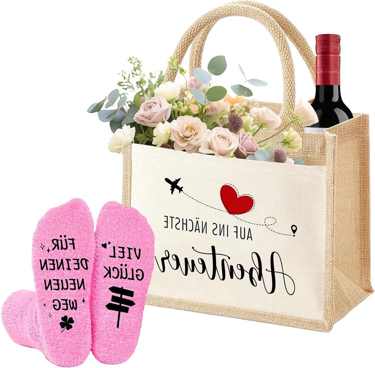 Pensioen cadeau tas - Cadeau set - Vier pensioen - Inclusief sokken - 35 x 27 cm - Jute