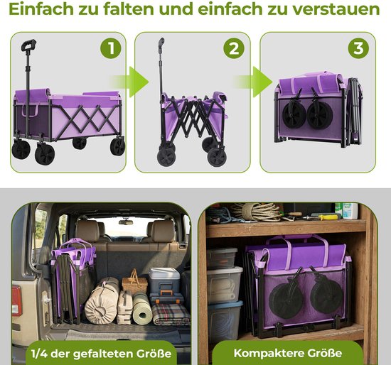 MIVRAY Tuinkar - Opvouwbaar 100 Liter 100 Kg - 74 x 46 x 96,5 cm - Staal En 600D Oxford - Paars - Voor Boodschappen En Camping — afbeelding 5