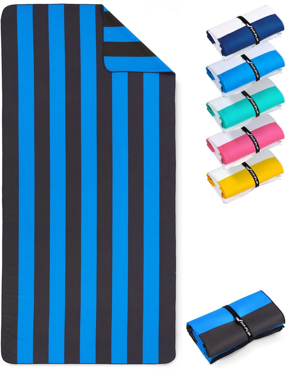 SnelShoppen - Fit-Flip Stranddeken XXL - Microvezel Strandhanddoek Groot 160cmx90cm - Lichtgewicht Sneldrogend 100% Gerecycled - Blauw-Donkergrijs Ges