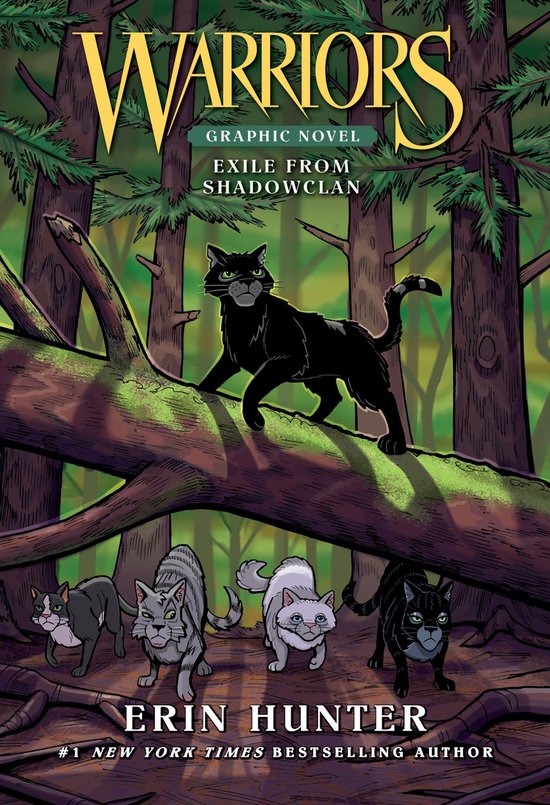 Couverture de 'Warriors: Exile from ShadowClan', montrant cinq chats devant un paysage forestier. Un chat noir se tient sur un tronc d'arbre.
