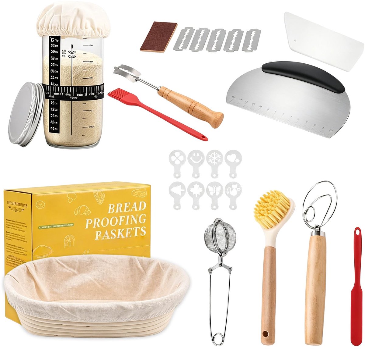SnelShoppen - Zuurdesem Starterset 11-delig - Rijsmand Brood Set 25cm Ovaal - Deegschraper, Linnen Inzetstuk, Deegmixer & Accessoires voor Beginners e