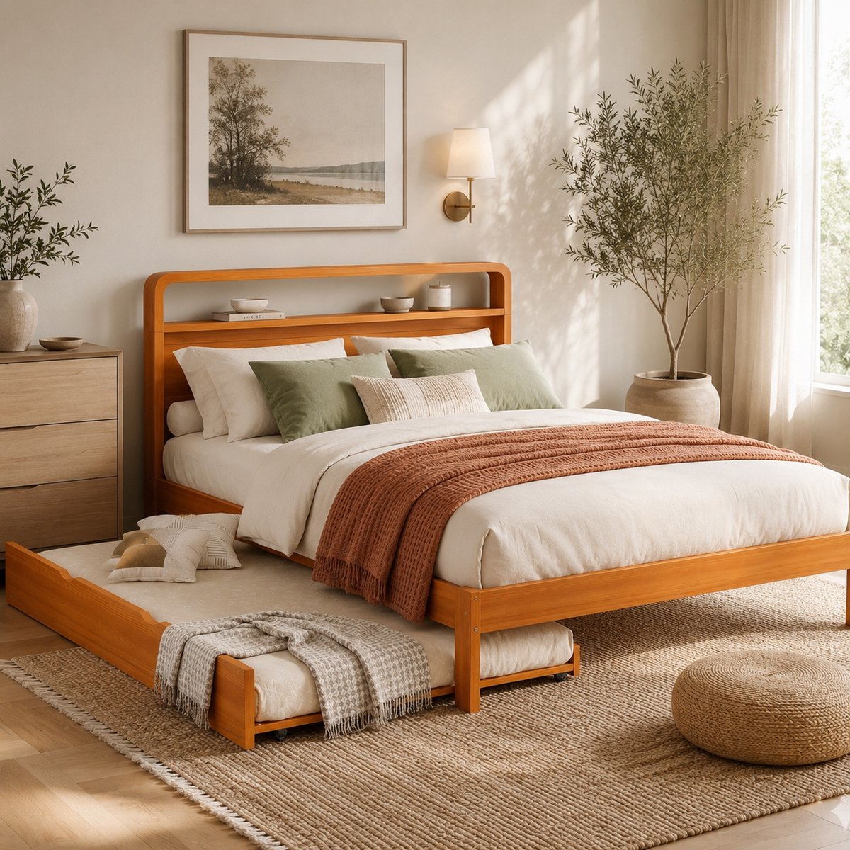 Tweepersoonsbed 140x200 cm - Houten bed - Tweepersoonsbed Met Uitschuifbaar Rolbed 90x190 cm - Met hoofdeinde - Natuurlijke houtkleur
