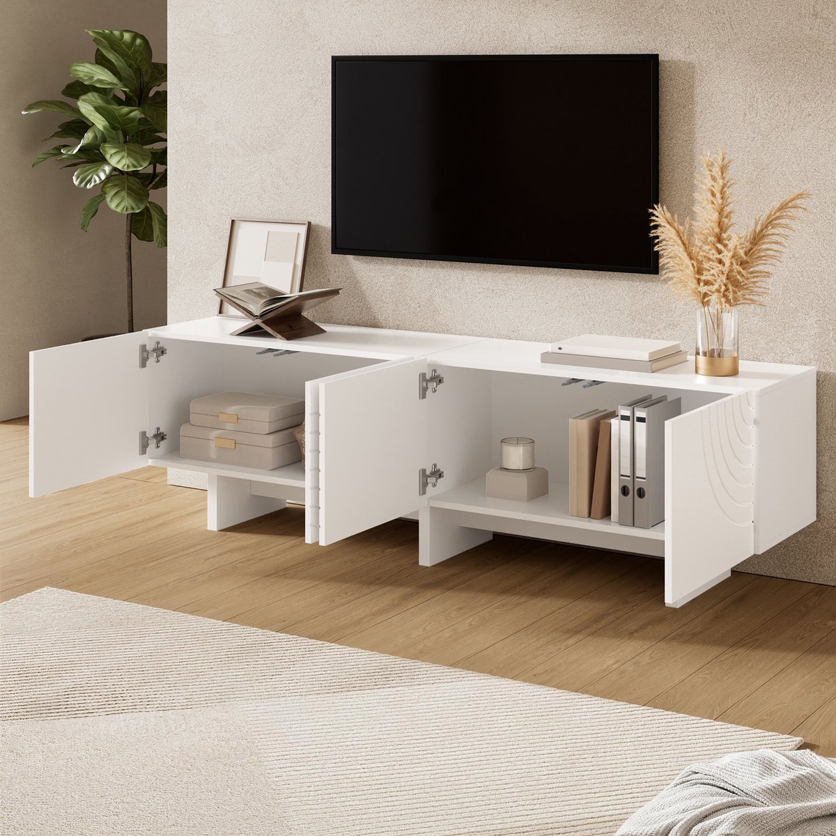 Moderne tv meubel - geometrisch gebogen patroon - lage kast - decoratieve reliëfdeuren - woonkameropslag-tv-meubel - wit