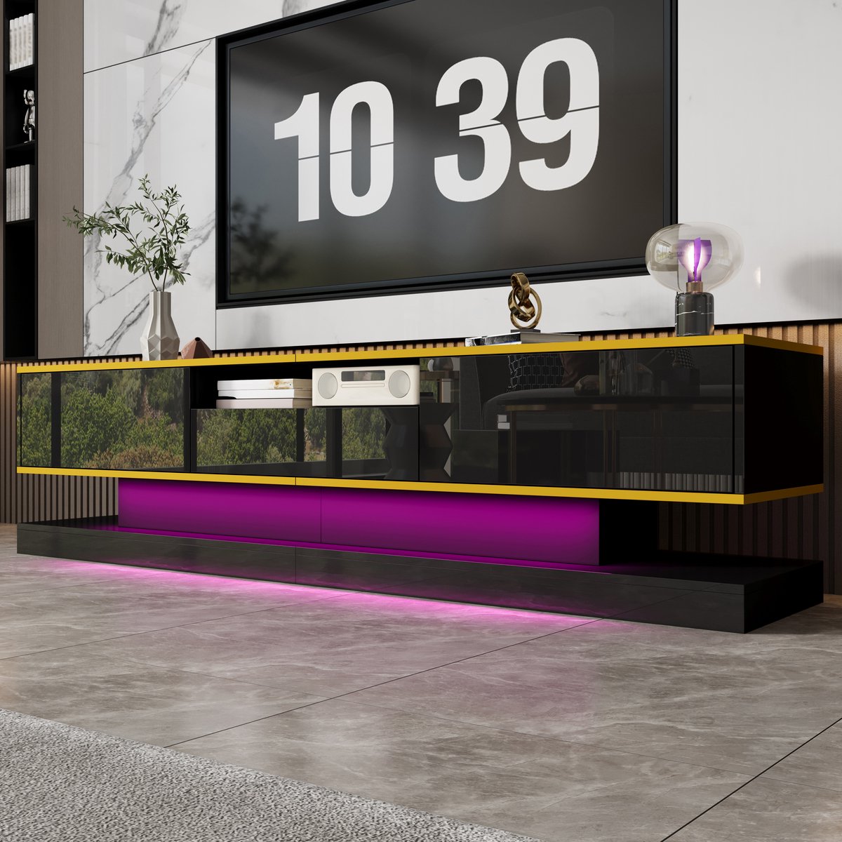 Merax Moderne tv meubel 180x38x45 cm - lade plus een open vak - hoogglans met LED-verlichting - zwart