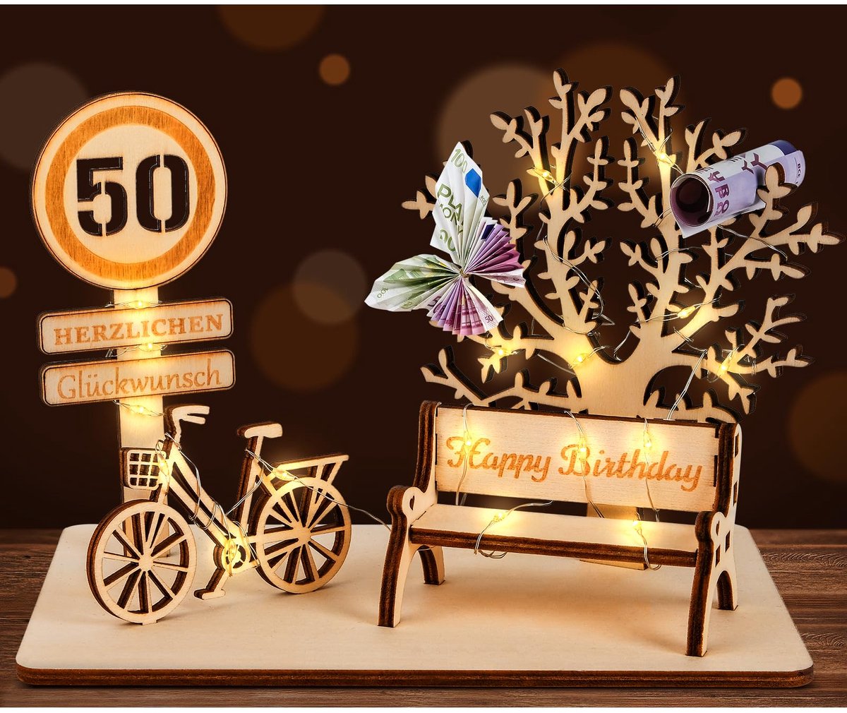 Dailygoods- Geldgeschenk Hout - Driedimensionale Bomen - Fiets Decoratie - Bruiloften/Jubi