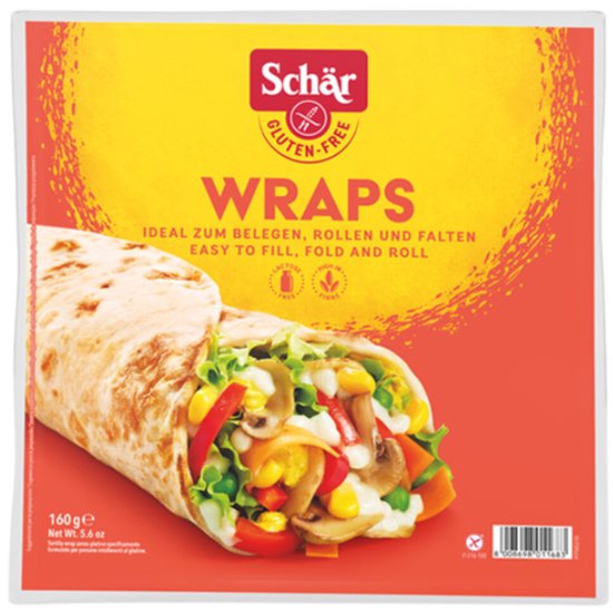 Gluten-free wraps verpakking met een gevulde wrap, met de tekst 'EASY TO FILL, FOLD AND ROLL'.