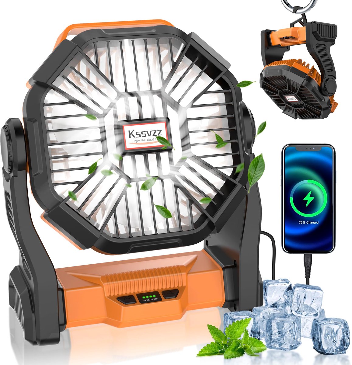 SnelShoppen - Camping Ventilator met LED Licht, Draagbare Oplaadbare Ventilator 20000mAh, 4 Snelheden, USB Ventilator met Haken en Handgrepen, Ideaal