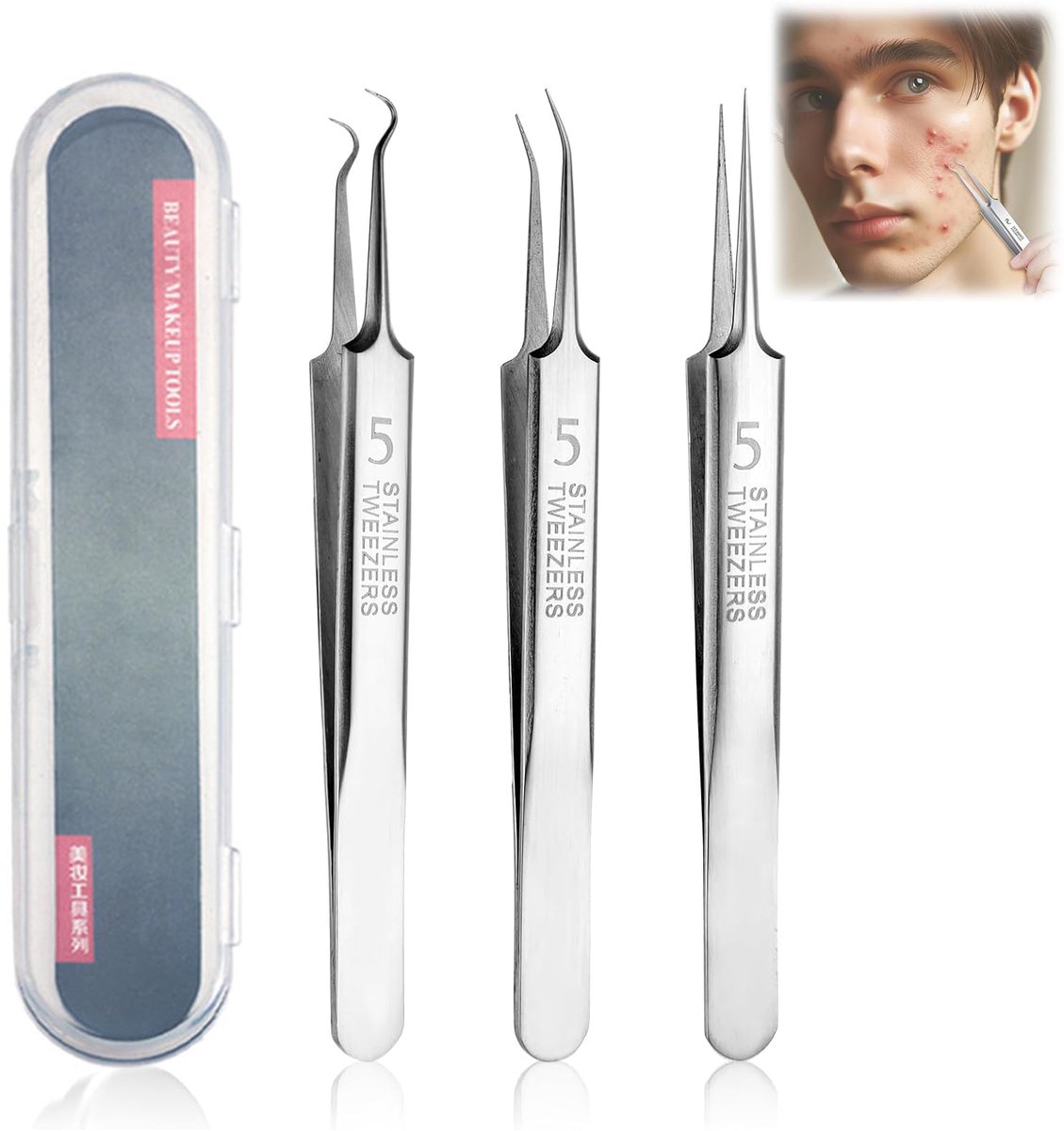Dailygoods - 3 Stuks Pimple Tweezers - Precisie Toolset voor Blackheads en Puistjes