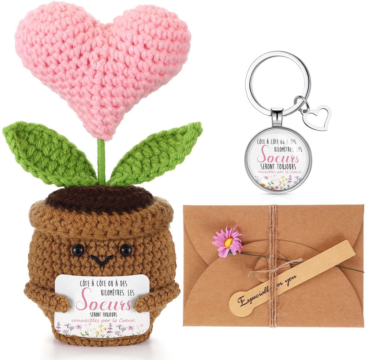 Dailygoods - Grappige Franse Bonsaipop Sleutelhanger met Wenskaart - Leuk Cadeau voor Vriendinnen