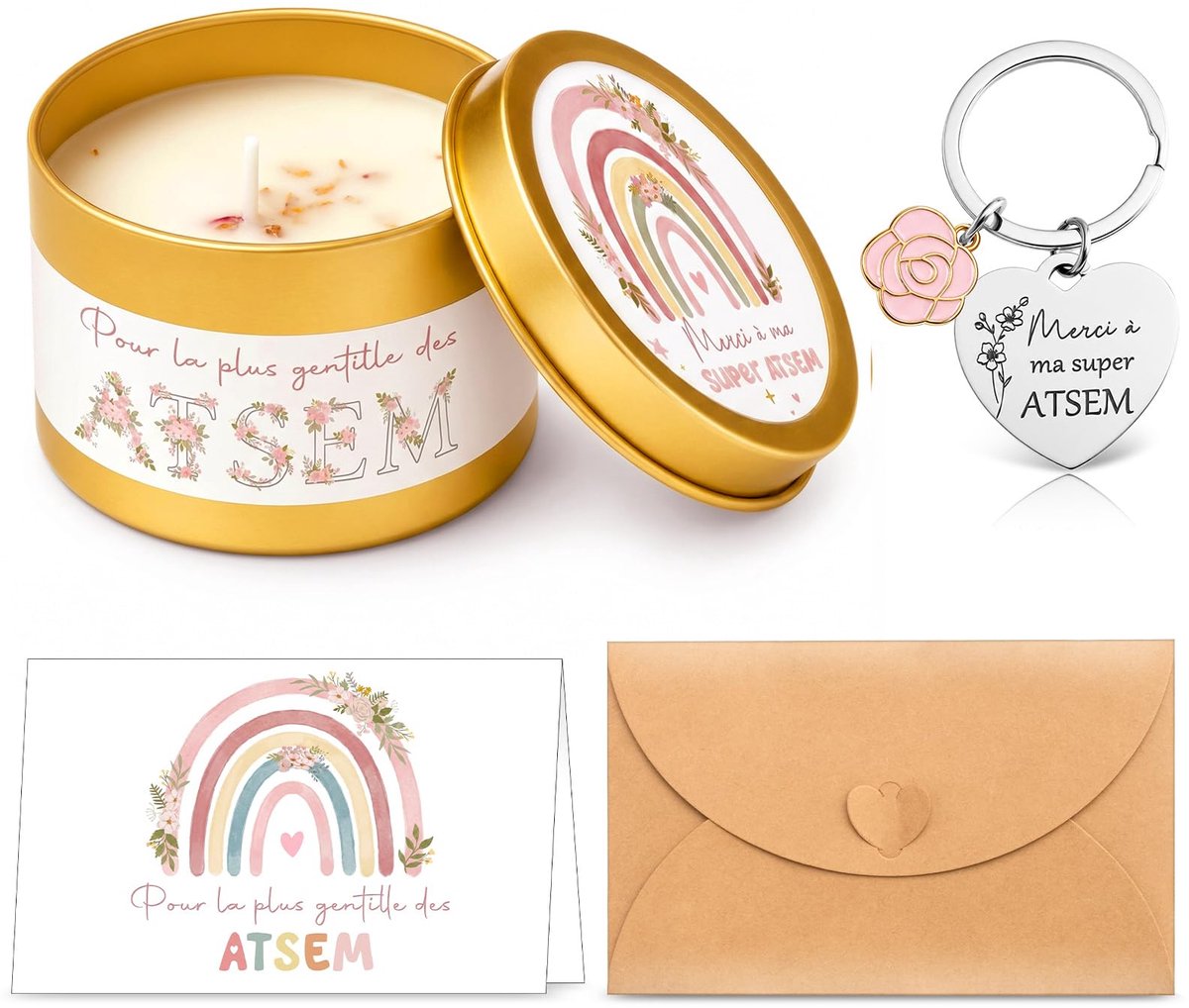 Dailygoods - Set van 4 Bedankcadeautjes voor Leerkrachten - Geurkaars, Sleutelhanger en Wenskaart