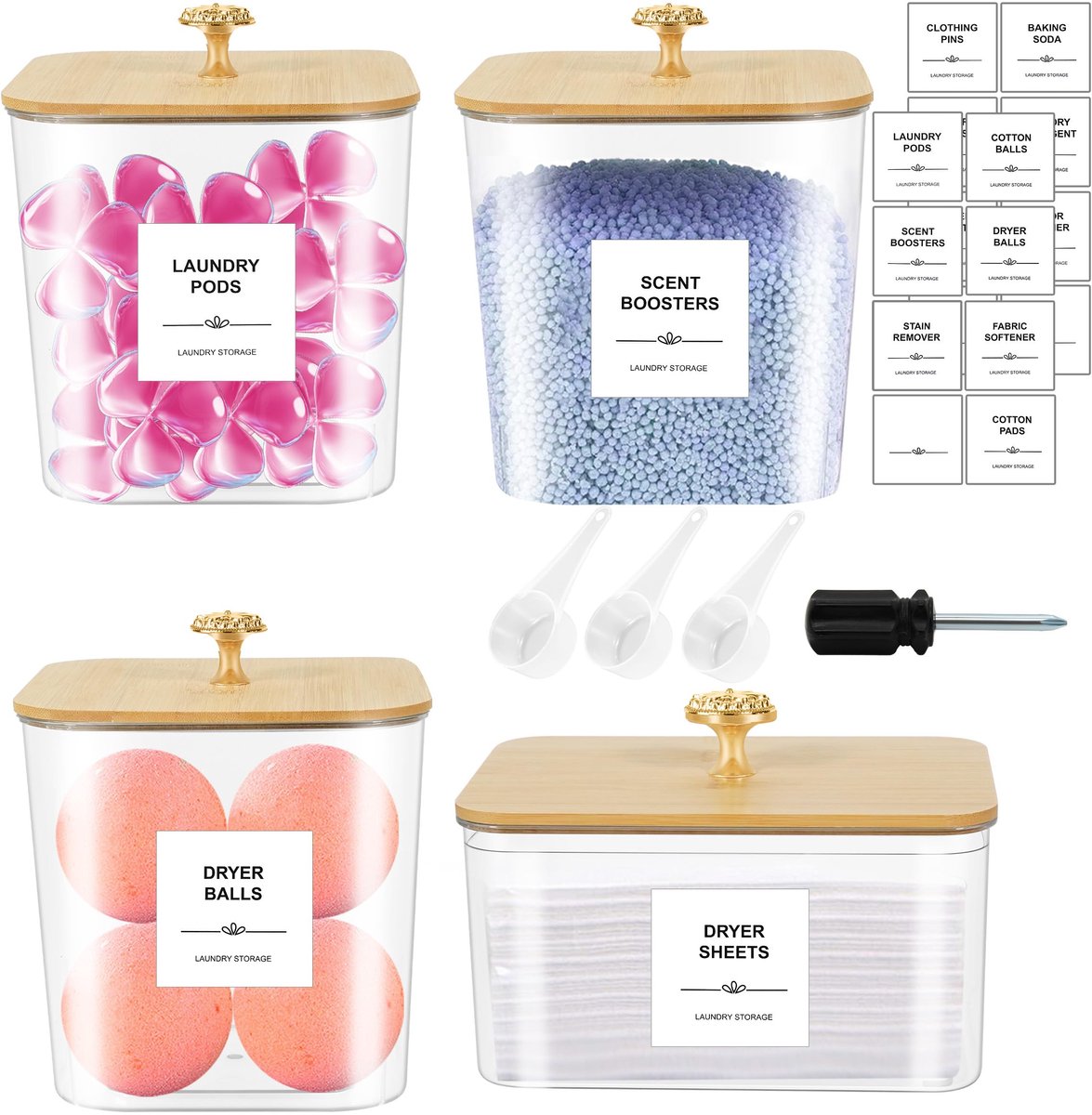 Dailygoods- Waspods Container Set van 4 - Doorzichtige Plastic Opslagcontainers - Bamboedeksels - Etiketten - Schepjes - Eenvoudig Labelen