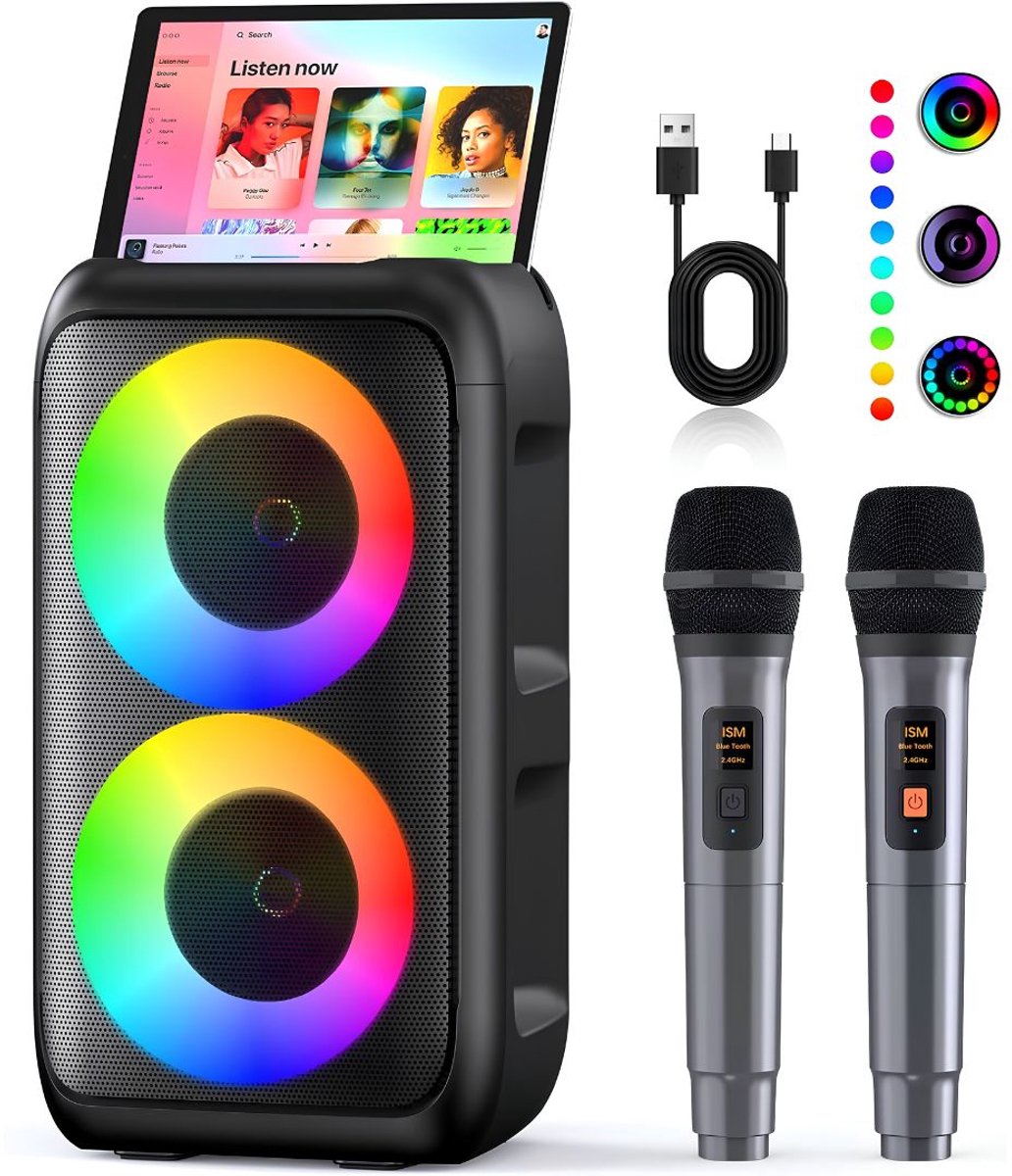 SP® Karaokeset - Draagbare Bluetooth Speaker met 2 Draadloze Microfoons - Feestverlichting - Veelkleurig - 19cm x 32cm x 18cm
