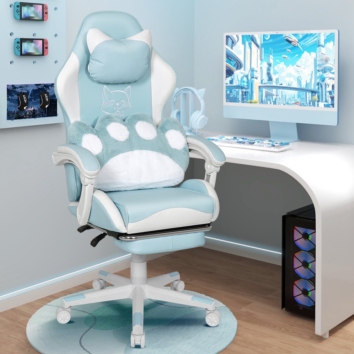 Puluomis - Gaming stoel - Bureaustoel - Katten lendenkussen - Kunstleer - Hoogte verstelbaar - 90°-135° kantelbaar - Blauw en wit