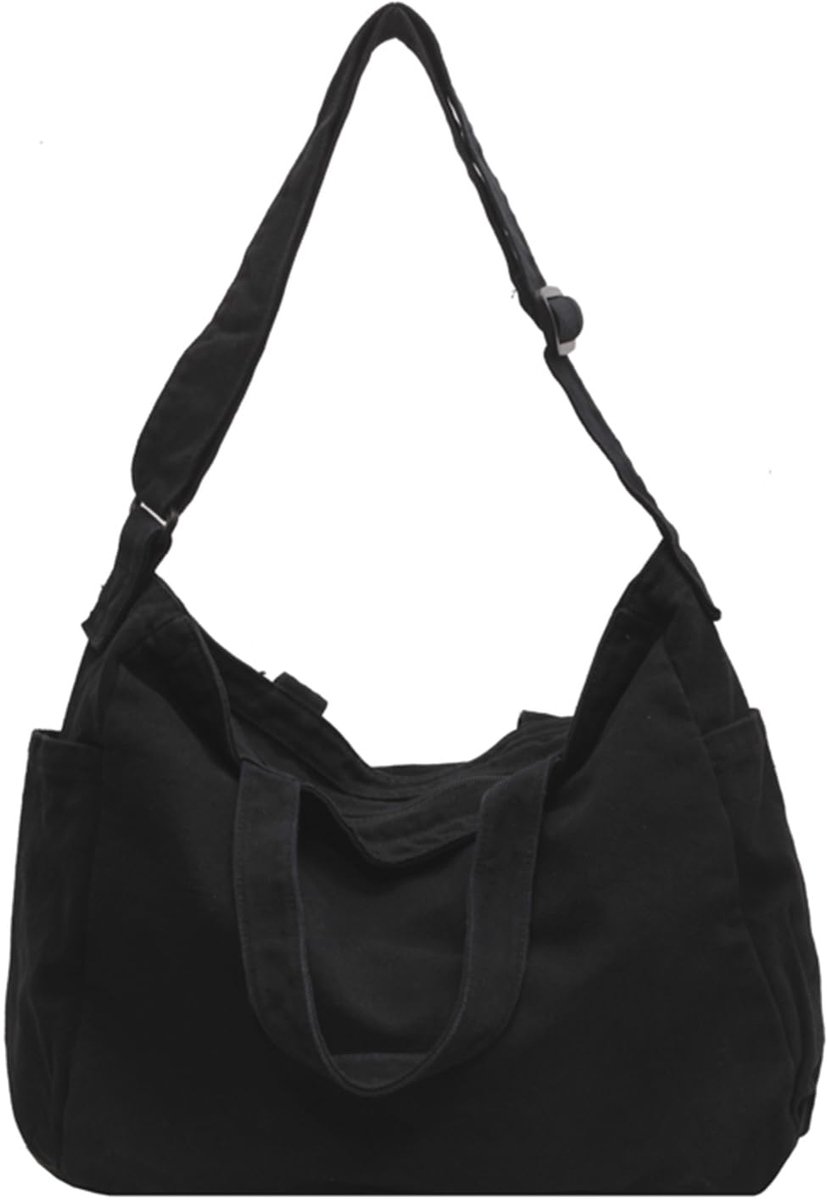 SnelShoppen - Unisex Schoudertas/Crossbody Tas van Corduroy - Modieuze Handtas van Linnen - Dames Shopper Tas voor Kantoor, School en Reizen - Zwart 4