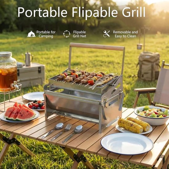 Roterende Houtskoolbarbecue - Draagbare Grill - Buiten Koken - Gelijkmatige Warmteverdeling - 30 x 16 x 16 cm - Zilver — afbeelding 2