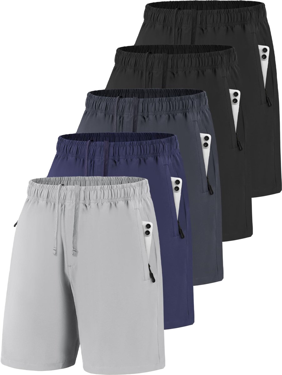 SnelShoppen - Korte sportshorts voor heren - Sneldrogend, licht, ademend, met zakken - Fitness, joggen, 2 x zwart, donkergrijs, lichtgrijs, marineblau