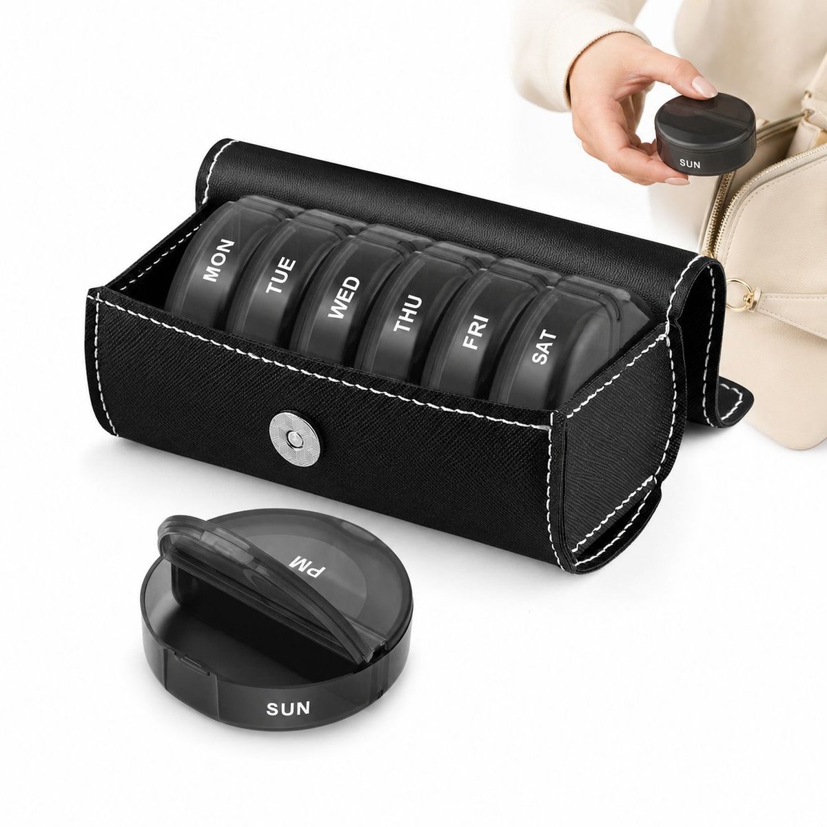 VHV - Pillendoos Week - 7 Uitneembare Dagdoosjes met AM en PM Vakken - BPA-vrije Organizer in Zwarte PU Etui