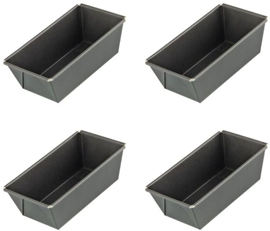 Vier identieke, lege, donkergrijze, rechthoekige mini cakevormen.
