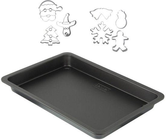 Donkere bakplaat van 42 x 29 cm met zeven roestvrijstalen kerstvormpjes: kerstboom, kerstman, sneeuwpop, rendier, engel, kerstster en peperkoekman.