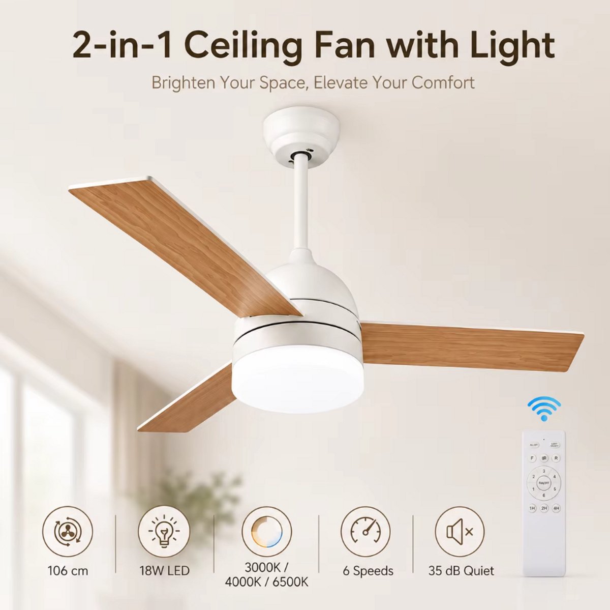 Plafondventilator 3 blad Ø105cm hout - stille ventilator – top kwaliteit - energie zuinig -met remote - ventilator voor laag plafond - 6 snelheden – beste alternatief voor airco - zomer en winter stand – houten ventilator – foto 7