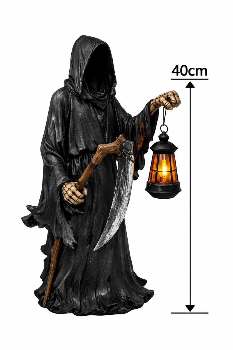Magere Hein Beeld met Werkende Lantaarn - nog 2 stuks verkrijgbaar - Grim Reaper Beeldje - Halloween & Gothic Decoratie - Polystone - 40 cm Hoog