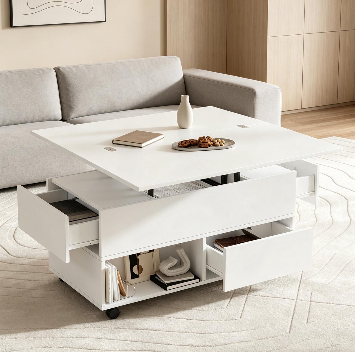 STILVORA Salontafel - Hoogte Verstelbaar Met Opbergruimte En Rollen - Woonkamer En Thuiswerk - Spaanplaat - Wit - 100x50x52 Cm