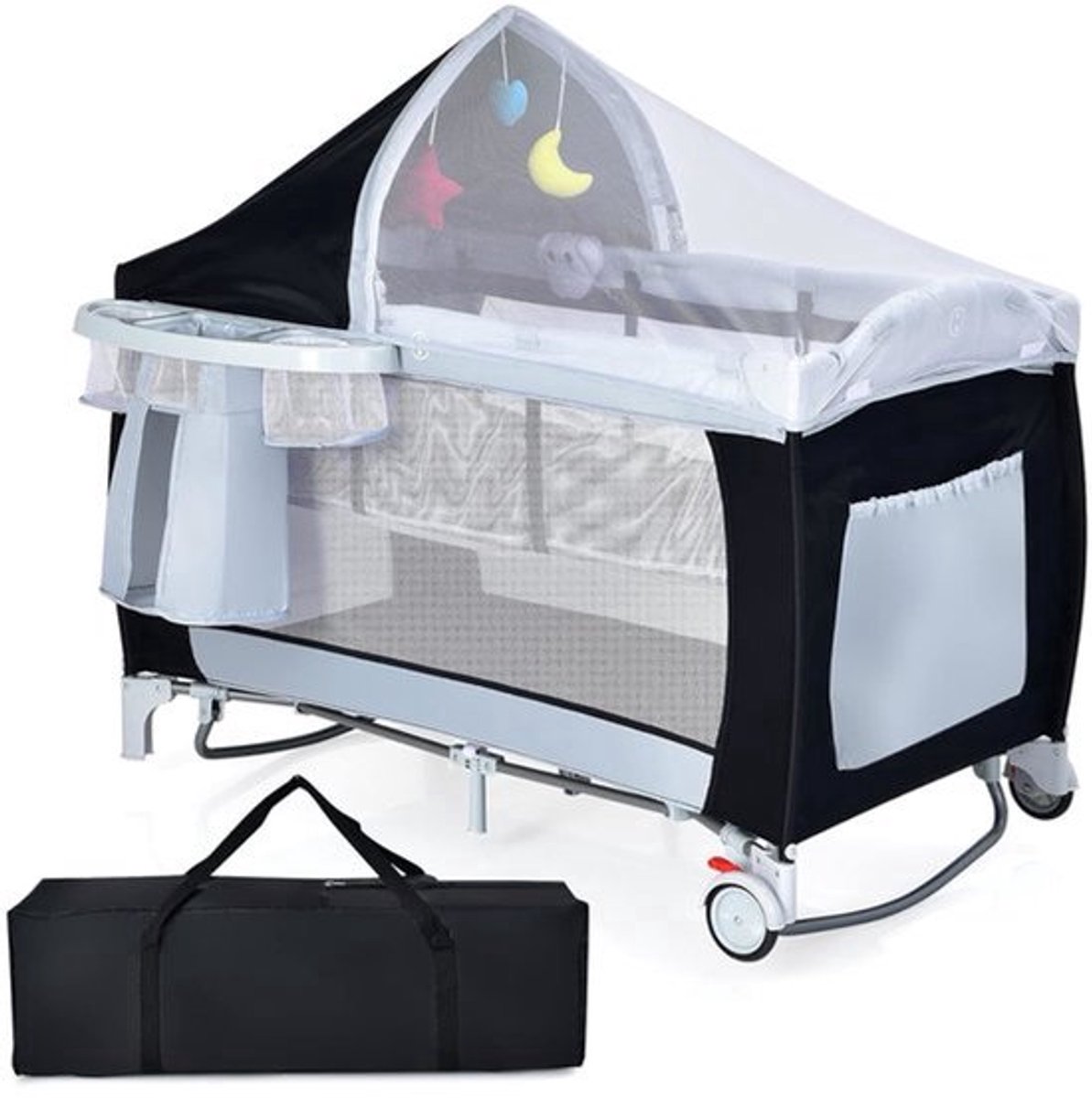 Reiswieg – Reisledikant – Babybed – Draagbaar Bedje – Reisbed – Twee-Laags Ontwerp – Inclusief Klamboe – Vergrendelbare Wielen