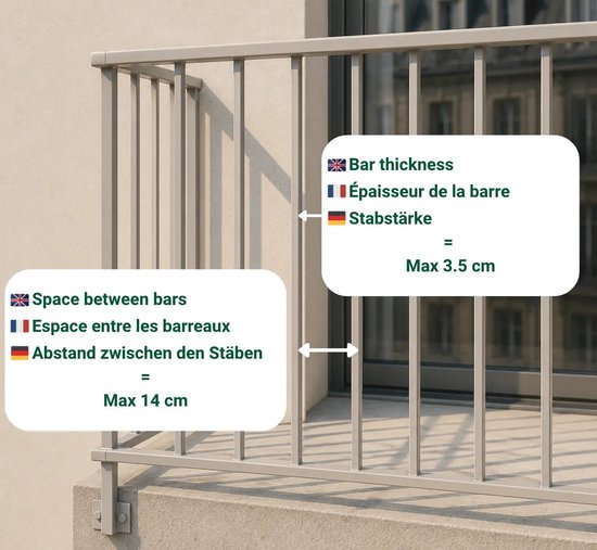 Afmetingen van balkontegels, met maten voor spijldikte (max 3.5 cm) en ruimte tussen spijlen (max 14 cm).