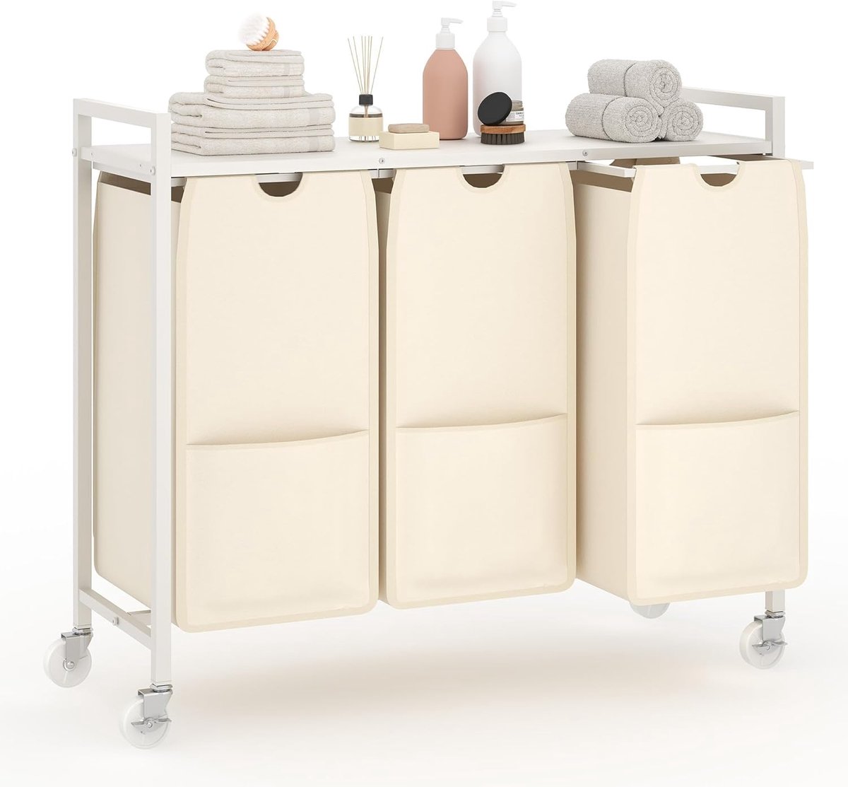 Wasmand op wielen - IJzeren vuilwasopberger - 3 lades - 84x30x77cm - Wit en beige