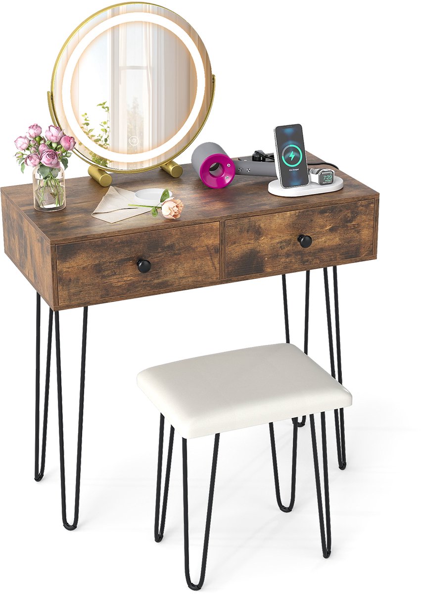 COSTWAY Schminktafel met 3-kleurige dimbare LED-spiegel en gevoerde kruk, Make-up tafel met 2 laden, stopcontacten & metalen poten, Cosmetica tafel voor slaapkamer 80 x 40 x 76 cm