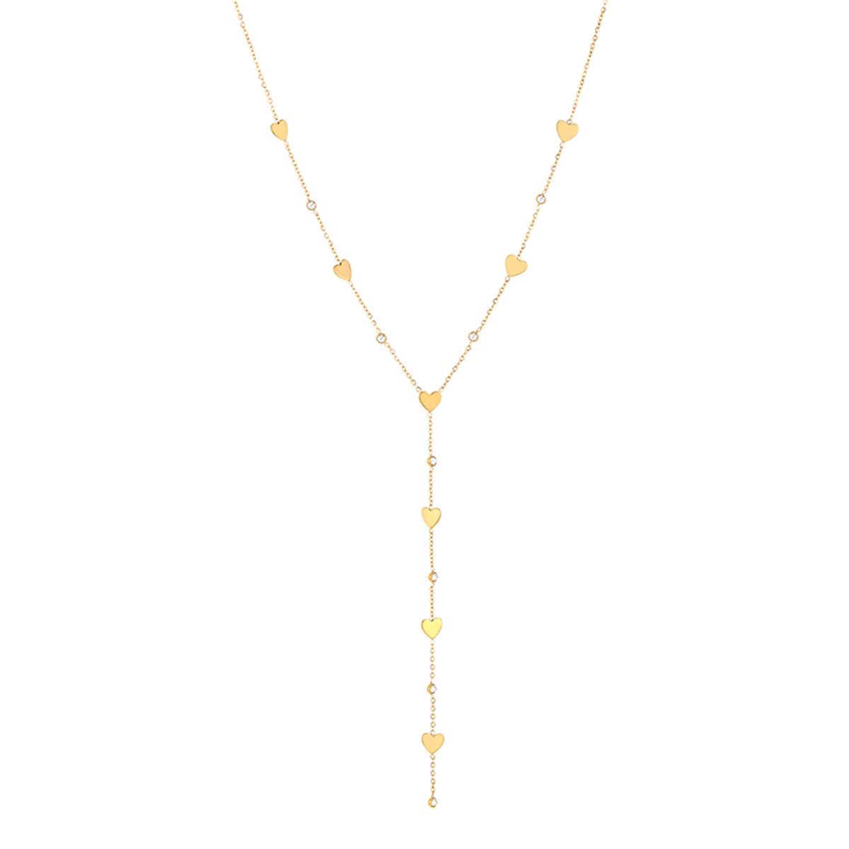 Luxe Y-Ketting Stainless Steel - Elegante Schakelketting met Hartjes en Zirkonia - Chique Dames Sieraad - Goud