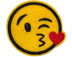 Emoji Smiley Kus Kusje Strijk Embleem Patch 6.2 cm / 6.2 cm / Geel Zwart Rood