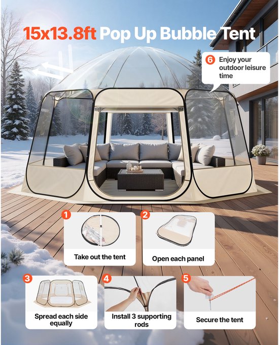 Opvouwbare Transparante Bubbel Tent, 458 X 432 X 230 Cm, Ruime Camping- en Tuintent met Ramen, 540° Panoramisch Uitzicht, Geschikt voor 12-15 Personen, Ideaal voor Terras en Achtertuin — afbeelding 3
