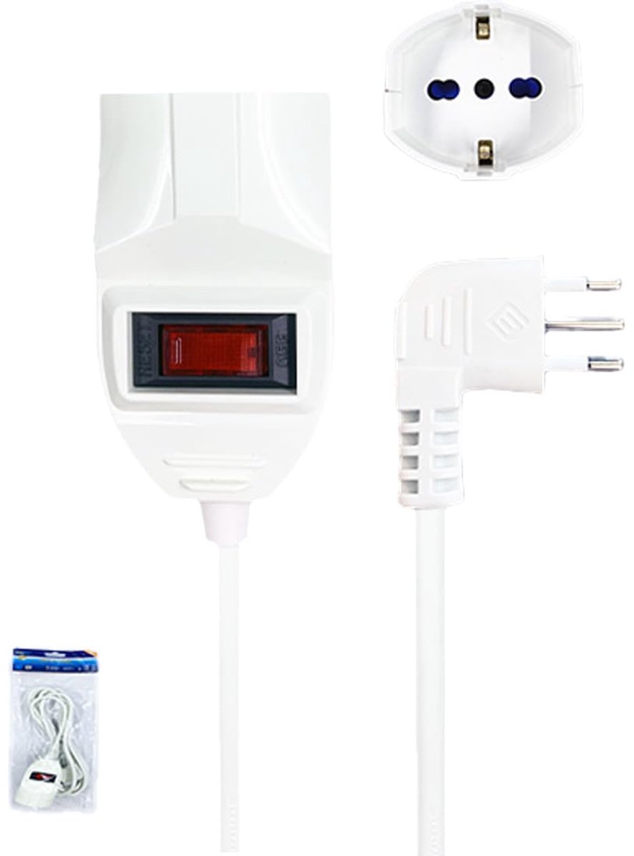 SnelShoppen - Verlengkabel met Schakelaar, Italiaanse Stekker Klein 10 A, Multistandaard Stopcontact Tweetraps Schuko 10/16 A, Max. 2300 W 250 V, Wit,