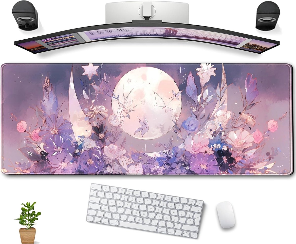 SnelShoppen - Coole Kawaii Pastelpaarse Bloemen Bureaumat - XL Gaming Muismat met Spirituele Volle Maan - Schattige Bureaumat voor Laptop, Toetsenbord