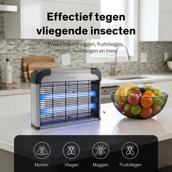 Zilverkleurige insectenlamp met blauwe UV-lampen die effectief vliegen, muggen, fruitvliegjes en motten bestrijdt.