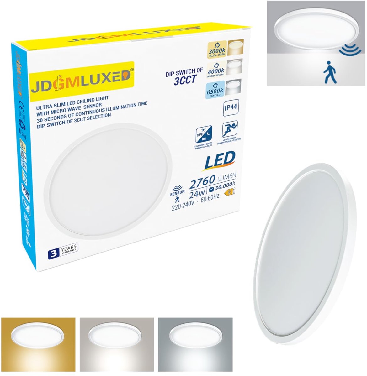 SnelShoppen - LED Plafonlamp met Radarsensor 24W, 2760LM, Ø30cm, 3000K/4000K/6500K, IP44 - Perfect voor Hal, Trappenhuis, Balkon, Energiezuinig en Mod