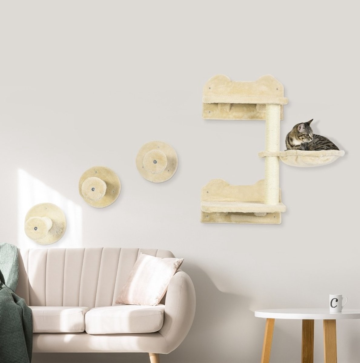 Krabmeubel Klimmuur 4 Delig - 73 Cm Hoog - Pluche - Beige - Wandmontage Met Krabpaal En Hangmat