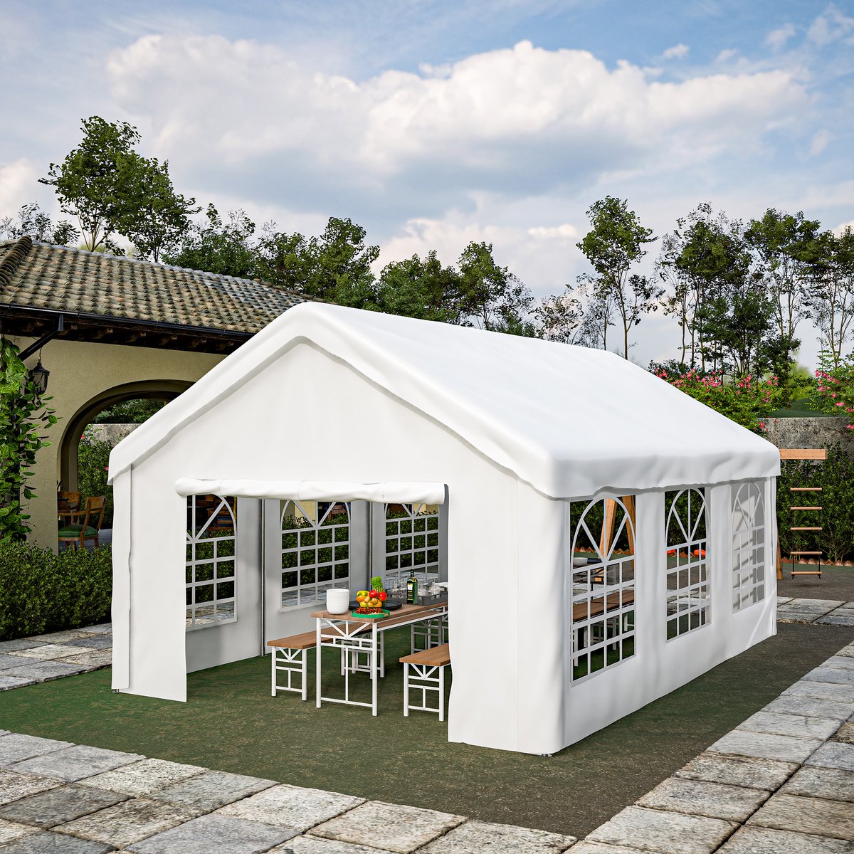MIVRAY Opslagtent – 601 x 400 x 281 cm – Met Dubbele Oproldeuren – Staal En Polyetheen – Wit – Garagetent Met Afneembare Zijwanden