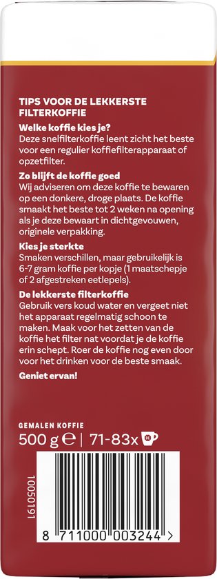 Achterkant rood pak Douwe Egberts Aroma Rood koffie met baktips.
