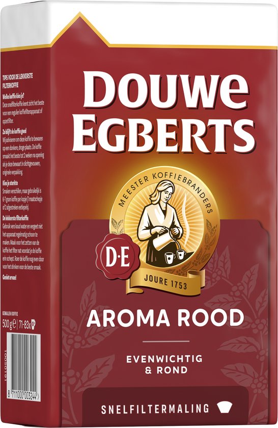 Rood pak Douwe Egberts Aroma Rood snelfiltermaling koffie, 500g.