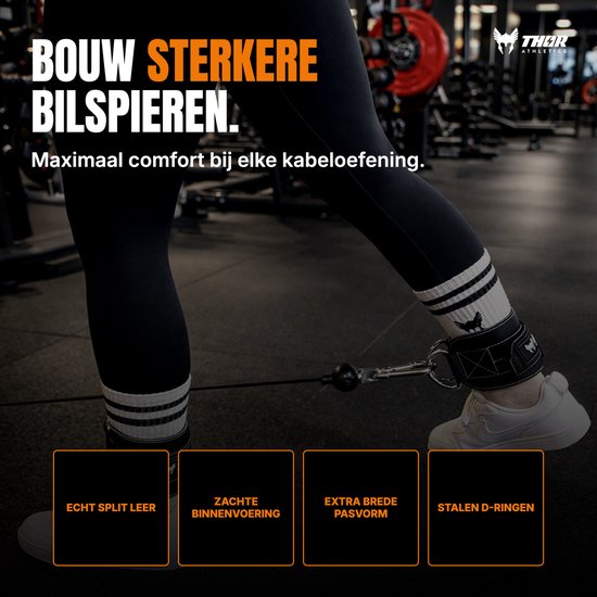 Benen van een vrouw met zwarte Thor Athletics enkelbanden bevestigd aan een kabelmachine. Tekst: 'BOUW STERKERE BILSPieren.'