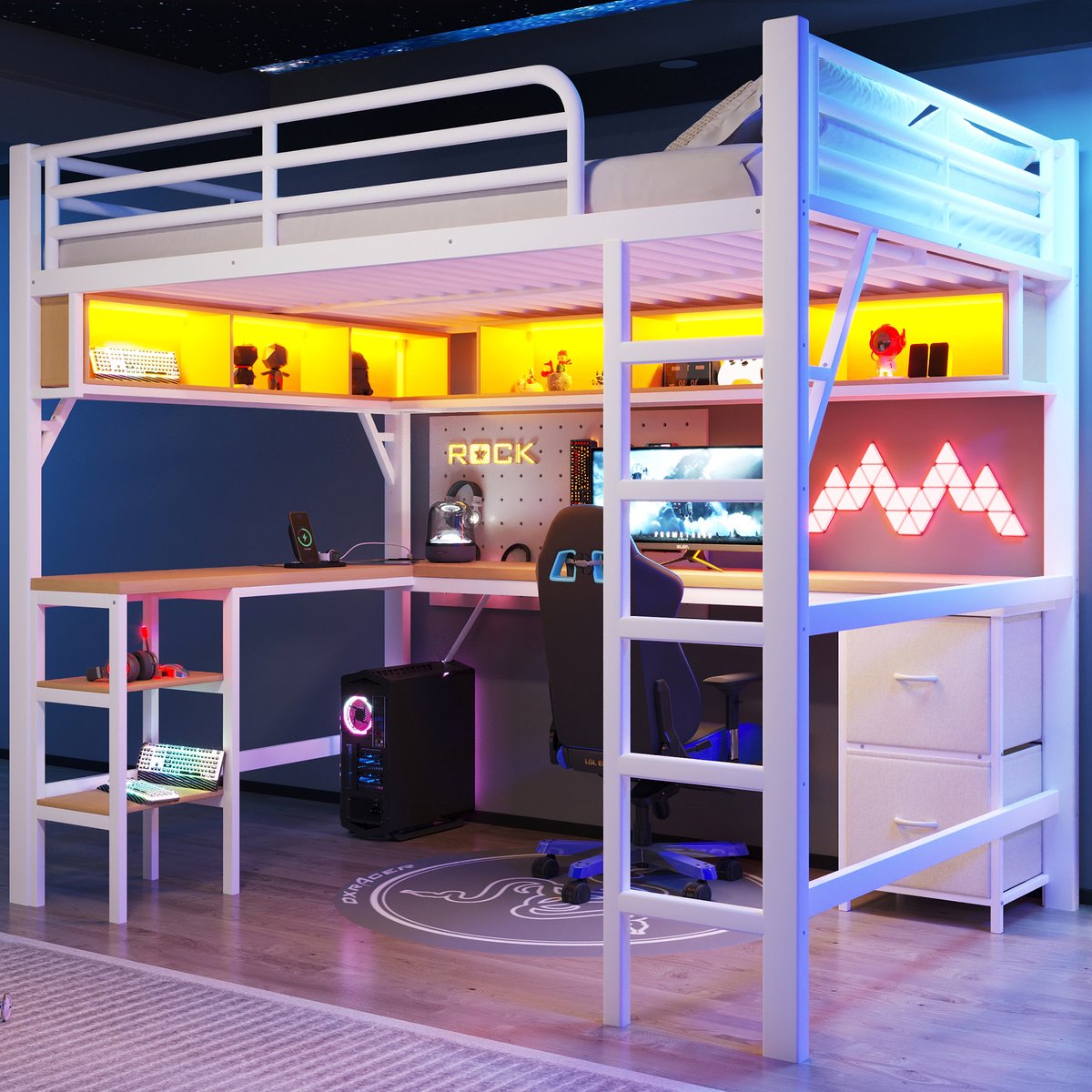 Hoogslaper 140x200 cm - Met Bureau Boekenkast Kledingkast LED USB Wit